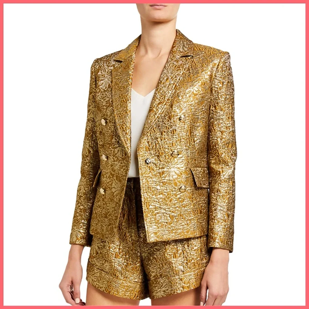 Derek Lam 10 Crosby Myla Gold Jacquard Double Breasted Blazer Jacket